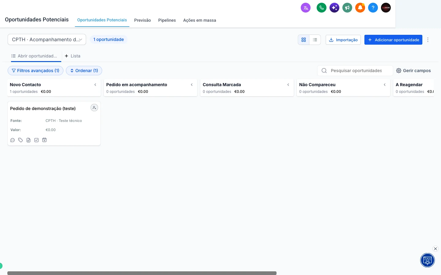 CRM real da Plataforma CPTH, configuração de demonstração